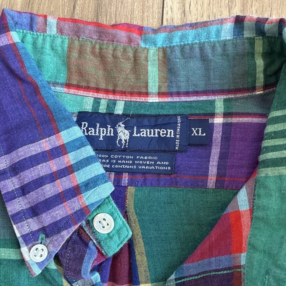 Vintage Polo Ralph Lauren Shirt Men’s XL Hand Woven Madras Multi Color Plaid - Picture 3 of 8